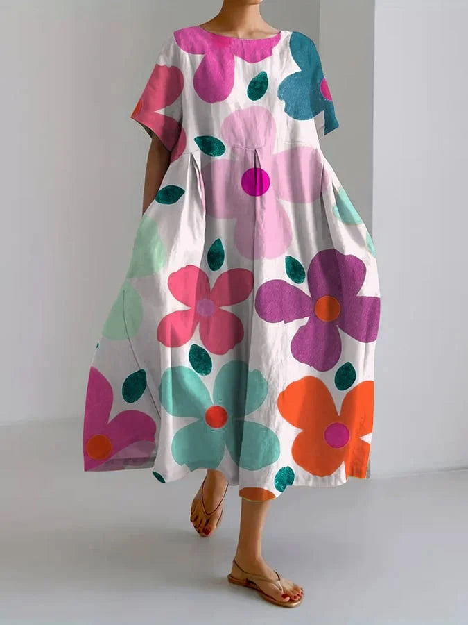 ELIANA | Midi Kjole med Blomsterprint i Afslappet Stil og Sommerk Komfort til Farverige Dage