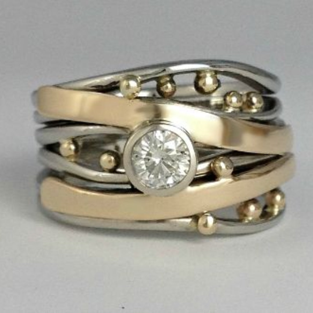 Vintage guld ring med intarsia og zirkonia