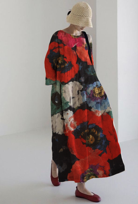 ROSALIA | Midi Kjole med Maksimal Komfort og Intens Blomsterprint til Et Slående Look