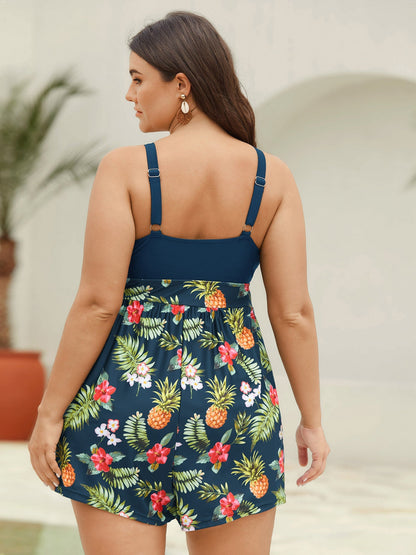 Plus Size Badedragt med Shorts & Blomsterprint