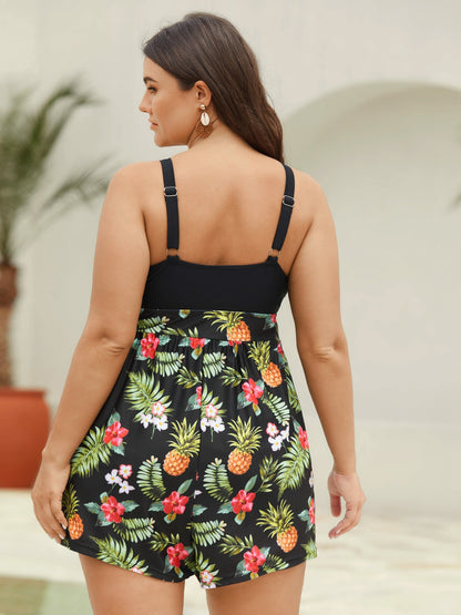Plus Size Badedragt med Shorts & Blomsterprint