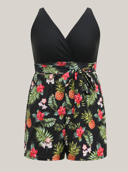 Plus Size Badedragt med Shorts & Blomsterprint