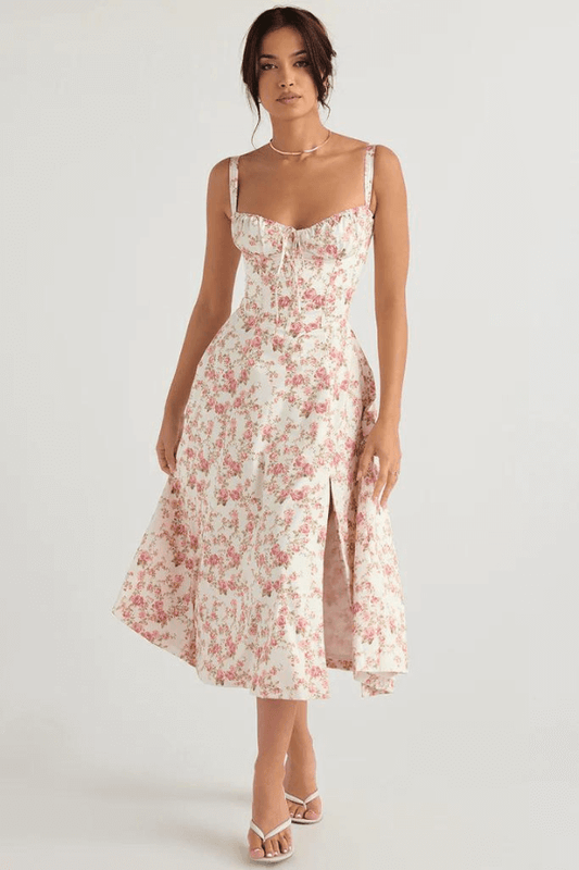 Elegant Dame Midi Kjole med Korset Top – Sommerkjole med Hjerteformet Udsnit