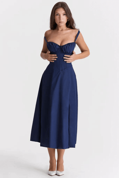 Elegant Dame Midi Kjole med Korset Top – Sommerkjole med Hjerteformet Udsnit