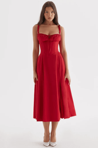 Elegant Dame Midi Kjole med Korset Top – Sommerkjole med Hjerteformet Udsnit