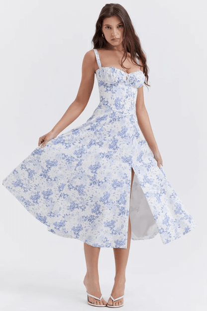 Elegant Dame Midi Kjole med Korset Top – Sommerkjole med Hjerteformet Udsnit