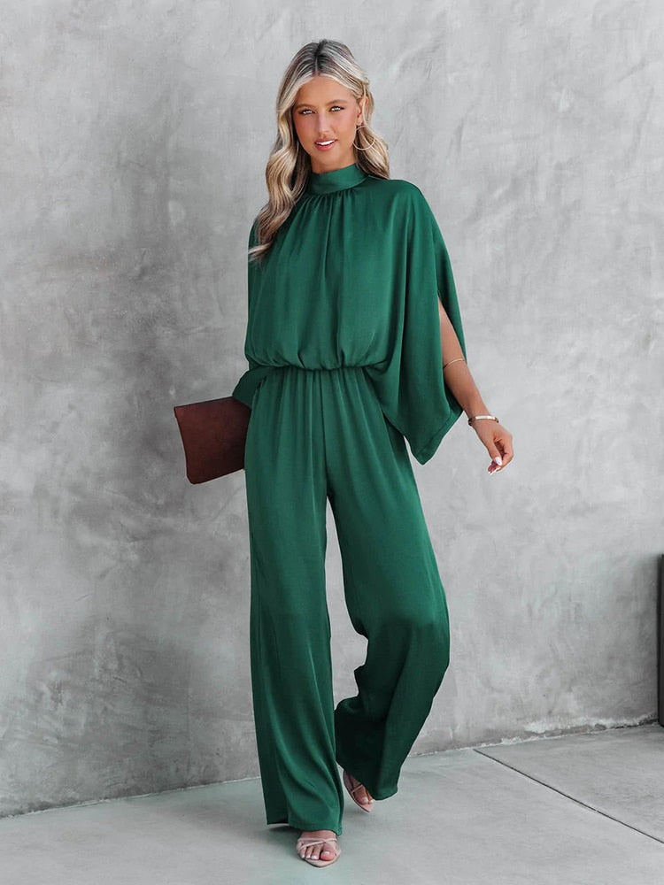 Elegant Dame Jumpsuit med Rund Udsnit og Bred Ben