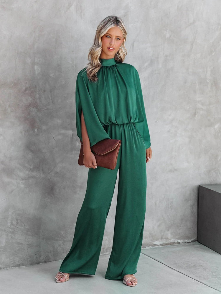 Elegant Dame Jumpsuit med Rund Udsnit og Bred Ben
