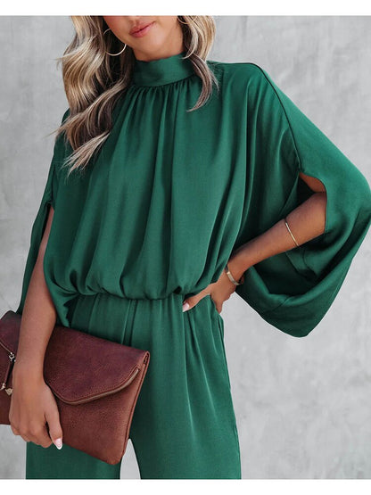 Elegant Dame Jumpsuit med Rund Udsnit og Bred Ben