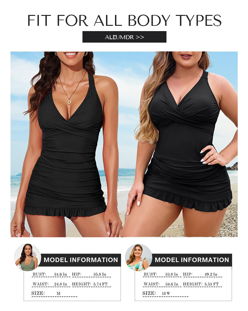 Swimdress – Korrigerende Badedragt med Rynker og Nederdel